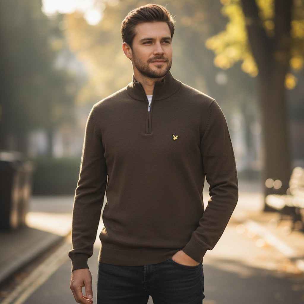 Lyle & Scott - Mens Cotton Merino Quarter Zip Jumper - Espresso X863 - Wildvine Clothing, Spalding, Lincolnshire
