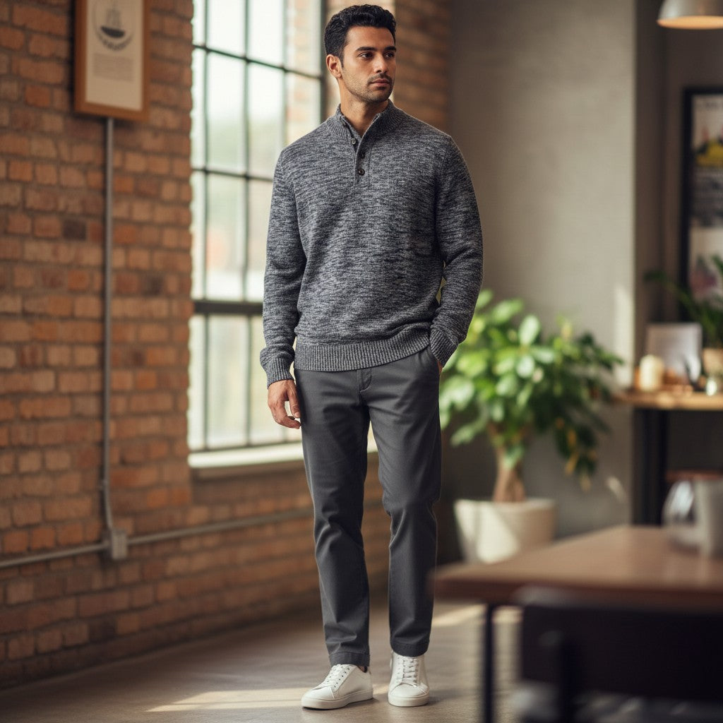 Fynch-Hatton - Mens Knitwear - Buttoned Troyer, Twisted Mouline - Charcoal 998 - Wildvine Clothing, Spalding, Lincolnshire