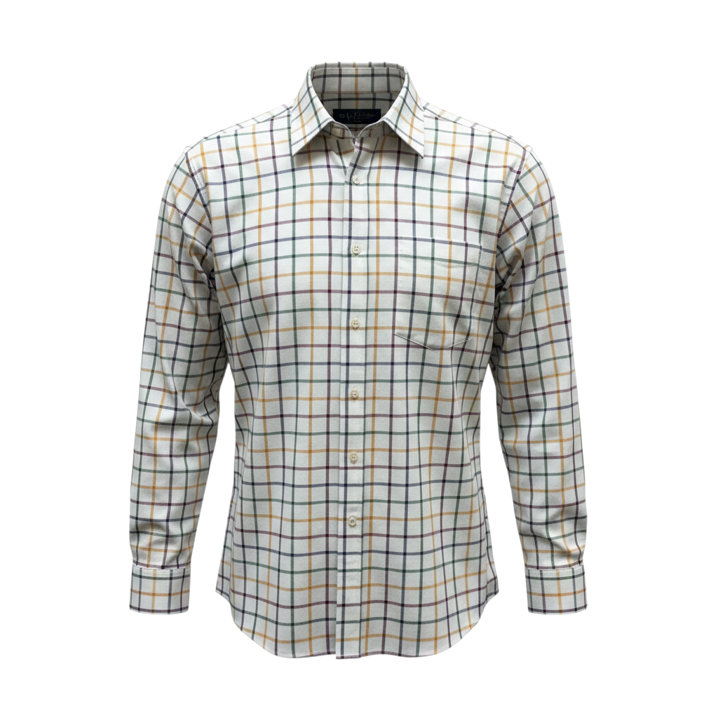 WILDVINE Clothing Co. long sleeve shirt in a modern fit with a blue, black, and mustard check pattern and chest pocket.