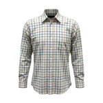 WILDVINE Clothing Co. long sleeve shirt in a modern fit with a blue, black, and mustard check pattern and chest pocket.