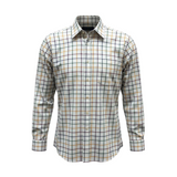 WILDVINE Clothing Co. long sleeve shirt in a modern fit with a blue, black, and mustard check pattern and chest pocket.