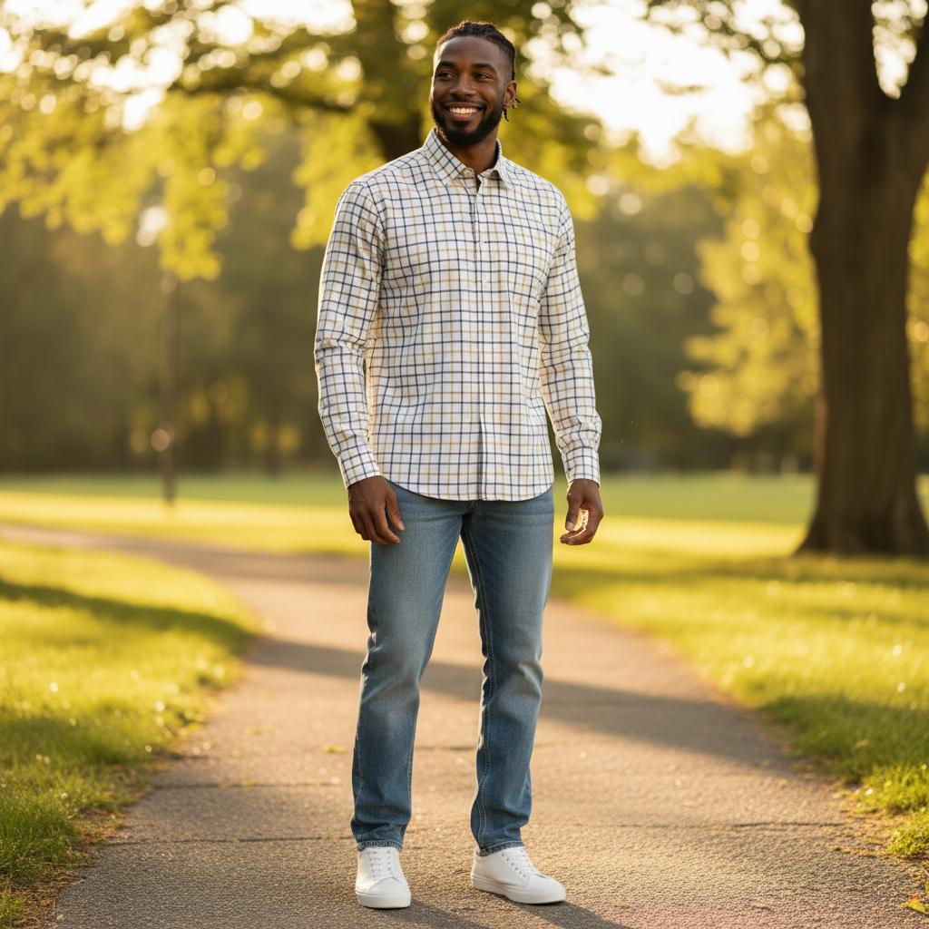 WILDVINE Clothing Co. man wearing a blue and black check long sleeve shirt with jeans in a sunny park setting