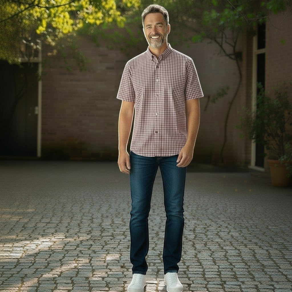 Gurteen - Mens - 100% Cotton - Seville - Modern Fit / Short Sleeved - Cranberry Check - 51023 660 - Wildvine Clothing, Spalding, Lincolnshire