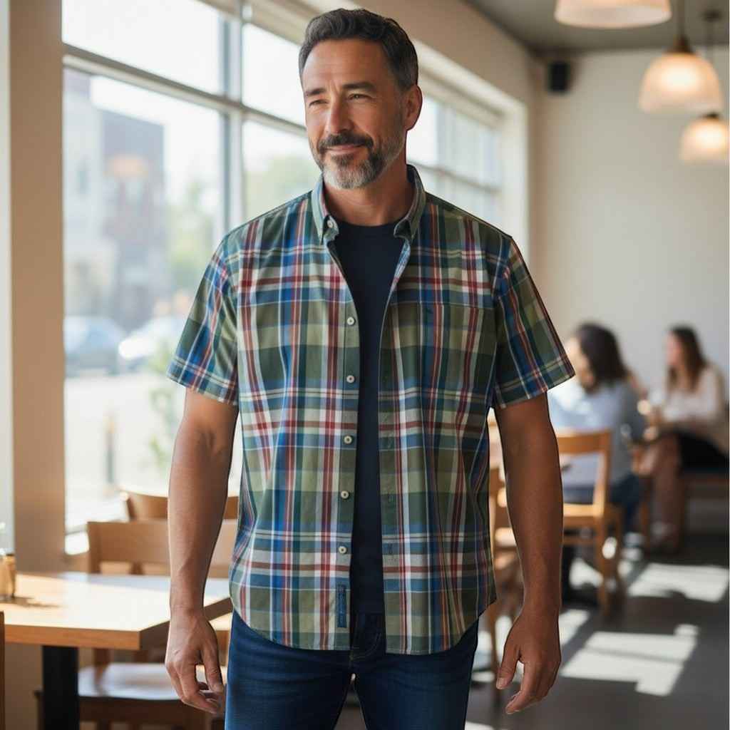 Fynch-Hatton - Mens Shirt - Modern Check - Vibrant Blue - 1/2 sleeve 622 - Wildvine Clothing, Spalding, Lincolnshire