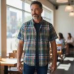 Fynch-Hatton - Mens Shirt - Modern Check - Vibrant Blue - 1/2 sleeve 622 - Wildvine Clothing, Spalding, Lincolnshire
