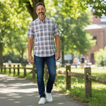 Fynch-Hatton Men's Regular Short Sleeve Casual Shirt - Poplin Check – Horizon - Wildvine Clothing, Spalding, Lincolnshire