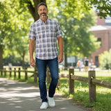 Fynch-Hatton Men's Regular Short Sleeve Casual Shirt - Poplin Check – Horizon - Wildvine Clothing, Spalding, Lincolnshire
