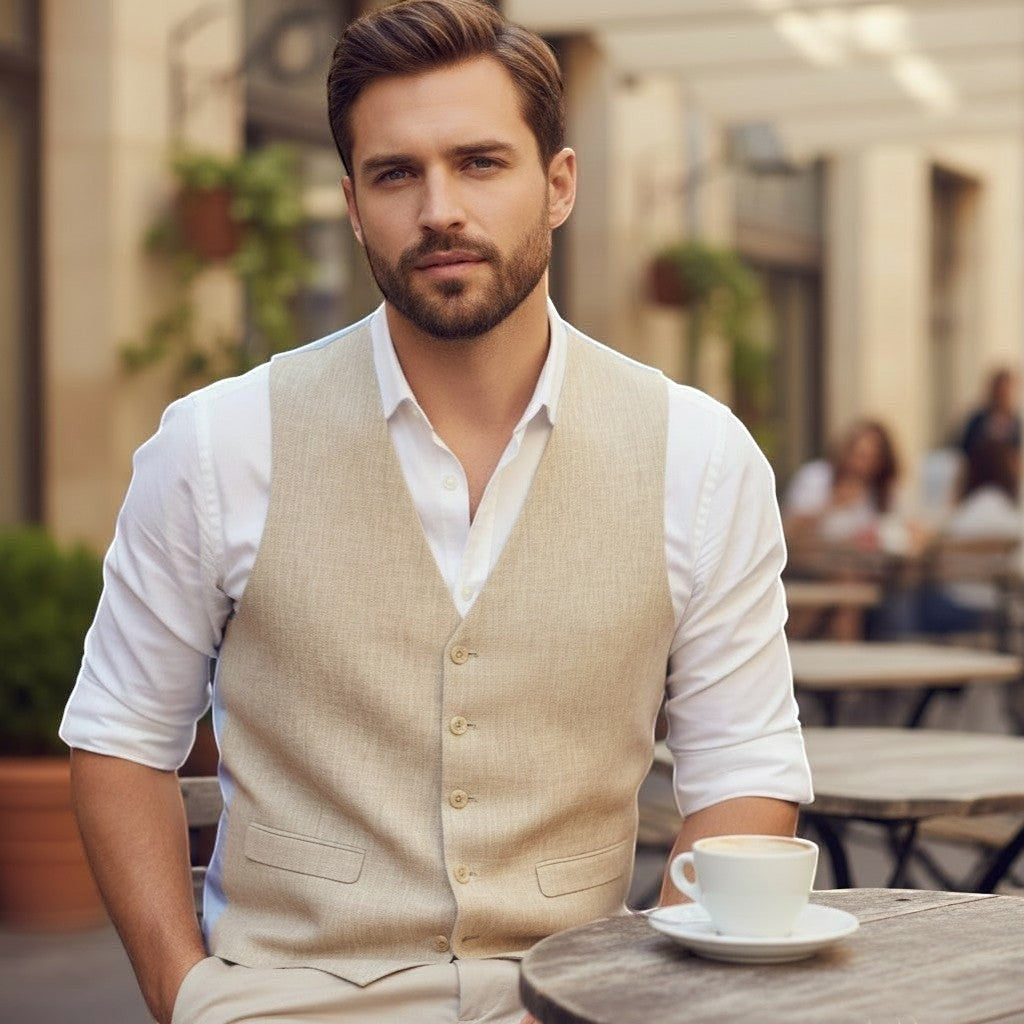 Gurteen - Mens - 100% Linen Waistcoat - Tiverton - Sand - 088 Sand - Wildvine Clothing, Spalding, Lincolnshire