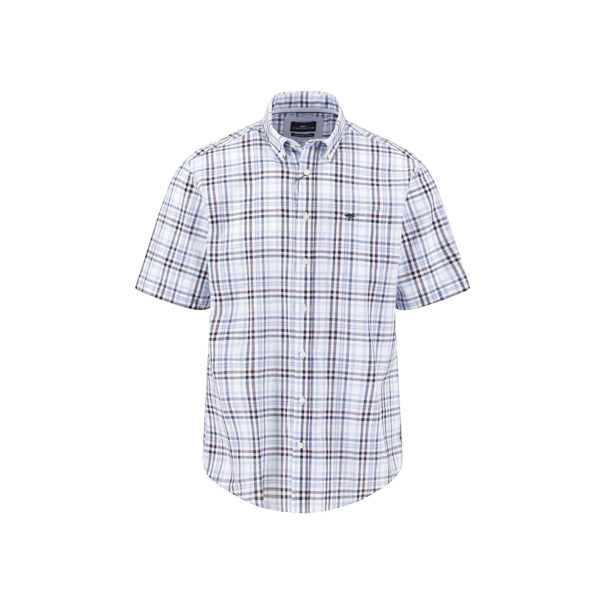 Fynch-Hatton Men's Regular Short Sleeve Casual Shirt - Slub Check– Aubergine - Wildvine Clothing, Spalding, Lincolnshire