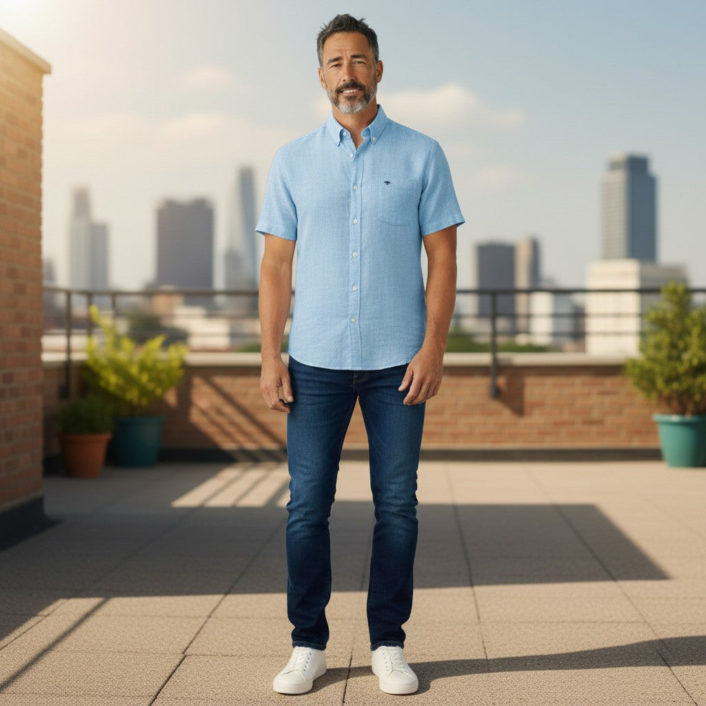 Fynch-Hatton Men's Summer Linen Short Sleeve Casual Shirt - Sky Blue - Wildvine Clothing, Spalding, Lincolnshire