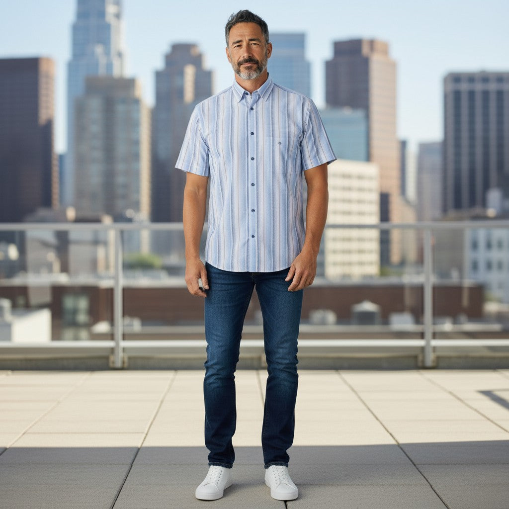 DG's Drifter Mens - Regular Short Sleeved Casual Shirt - Whte/Blue 14783SS - 24 - Wildvine Clothing, Spalding, Lincolnshire