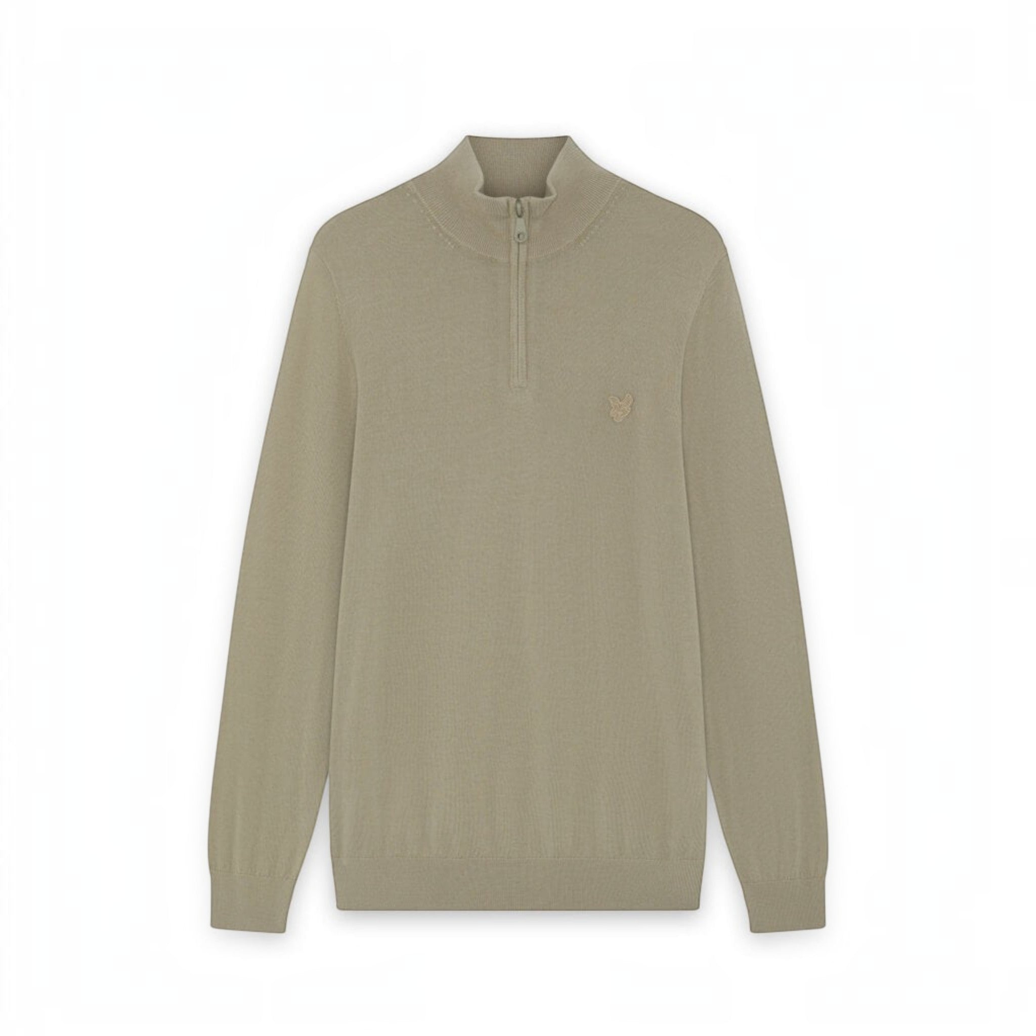 WILDVINE Clothing Co. Lyle & Scott sandstorm beige merino wool quarter zip jumper with tonal eagle chest embroidery.