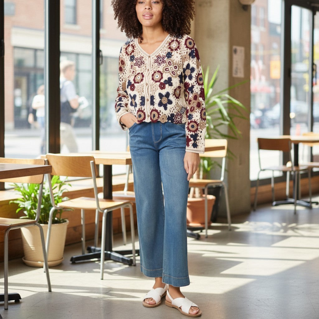 Wild Flower - Ladies - Beaded Floral Crochet V Cardigan - Mocha - Wildvine Clothing, Spalding, Lincolnshire