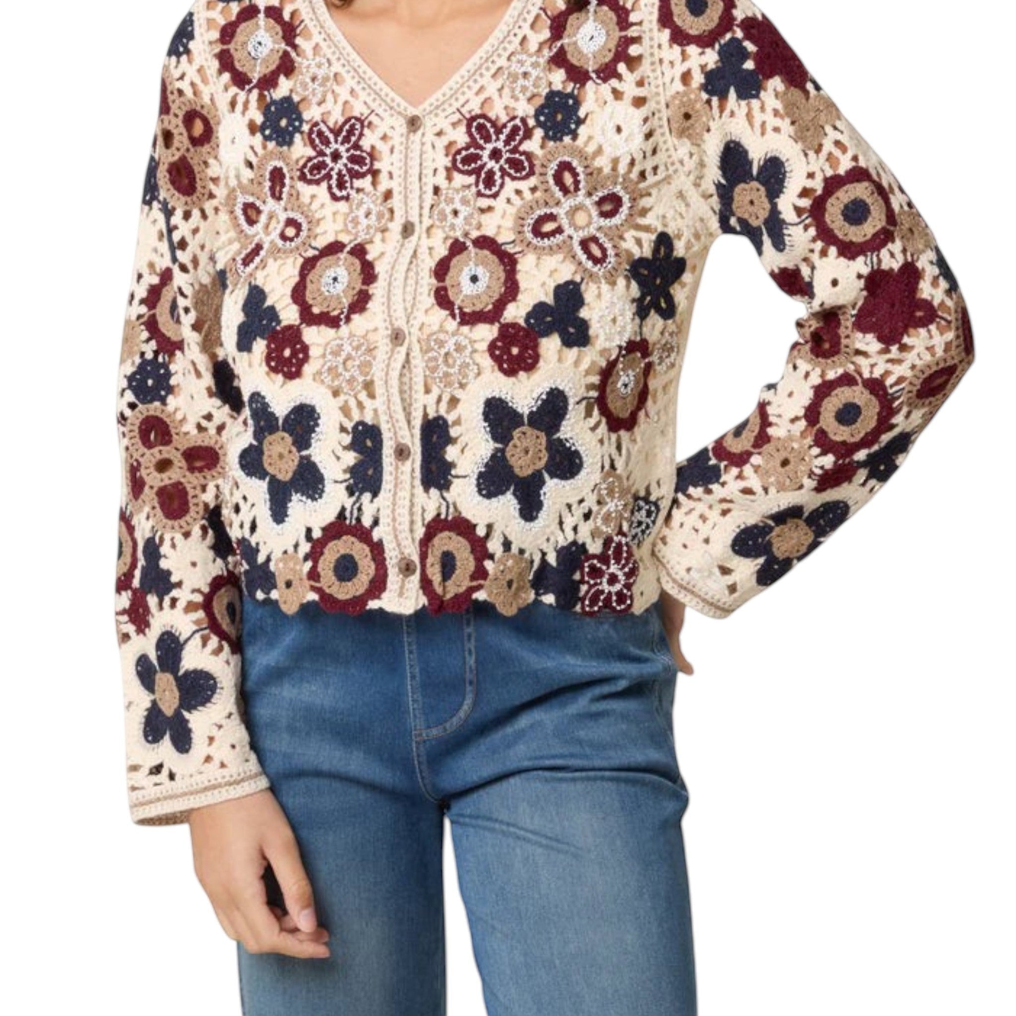 Wild Flower - Ladies - Beaded Floral Crochet V Cardigan - Mocha - Wildvine Clothing, Spalding, Lincolnshire