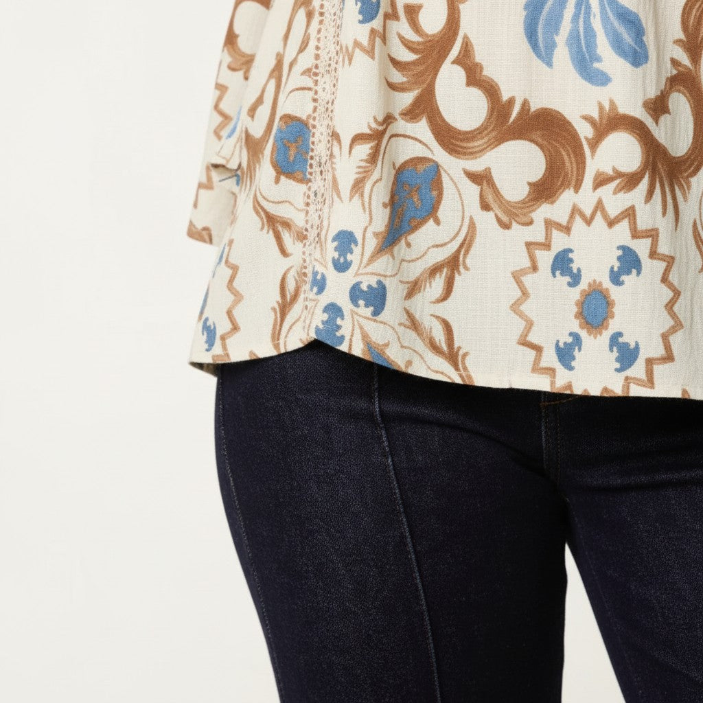 Wild Flower - Ladies - Floral Damask Crochet Detail Blouse - Mocha - Wildvine Clothing, Spalding, Lincolnshire