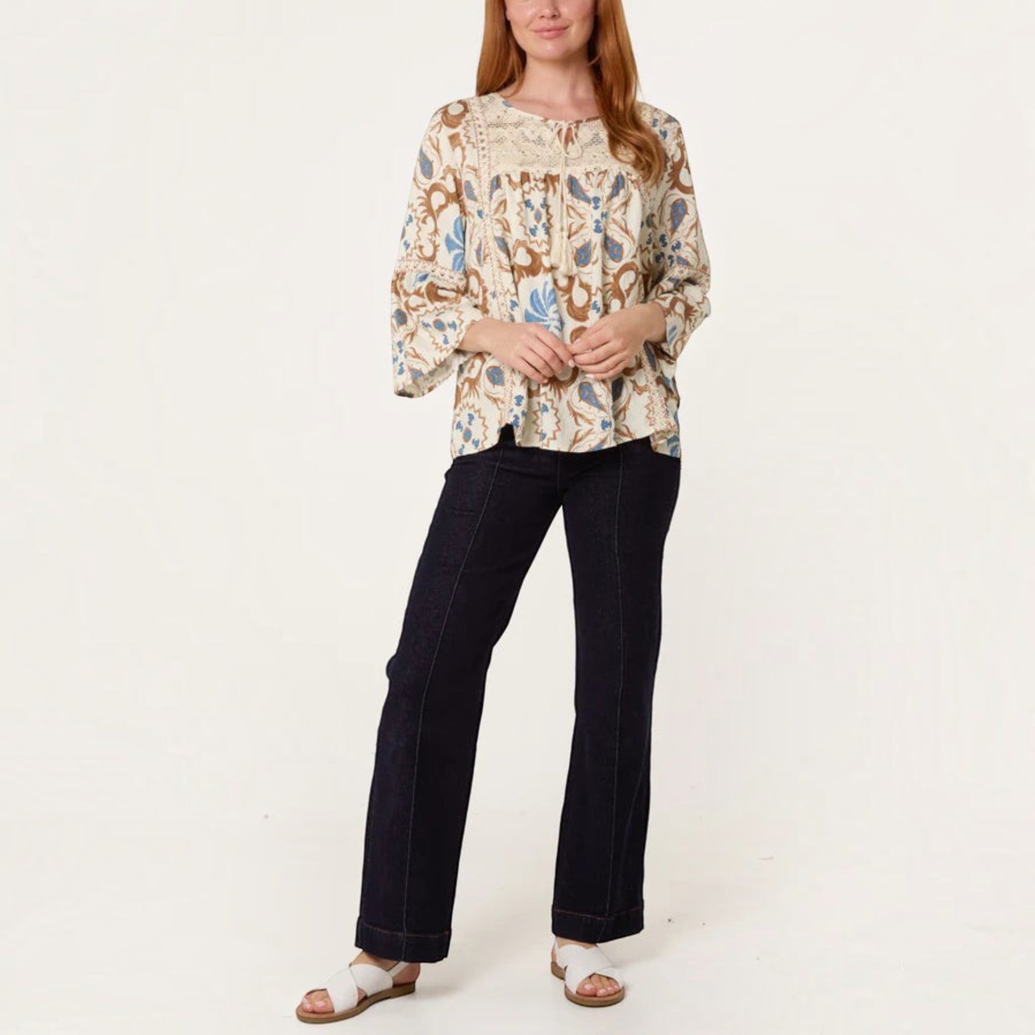 Wild Flower - Ladies - Floral Damask Crochet Detail Blouse - Mocha - Wildvine Clothing, Spalding, Lincolnshire