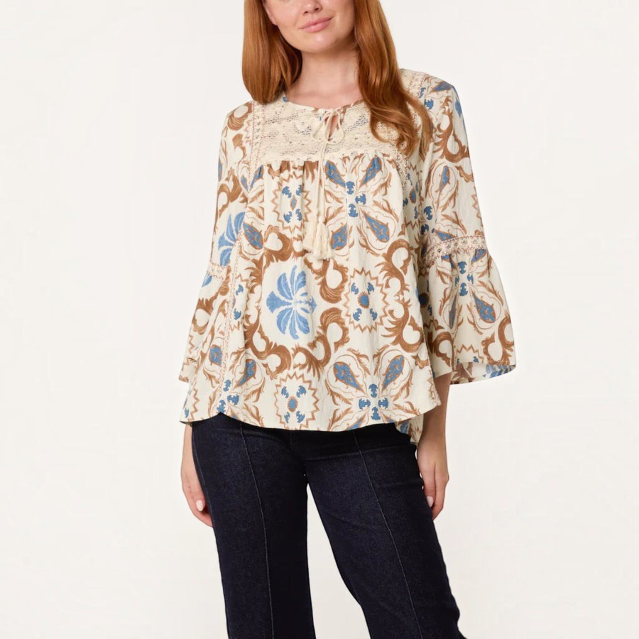 Wild Flower - Ladies - Floral Damask Crochet Detail Blouse - Mocha - Wildvine Clothing, Spalding, Lincolnshire