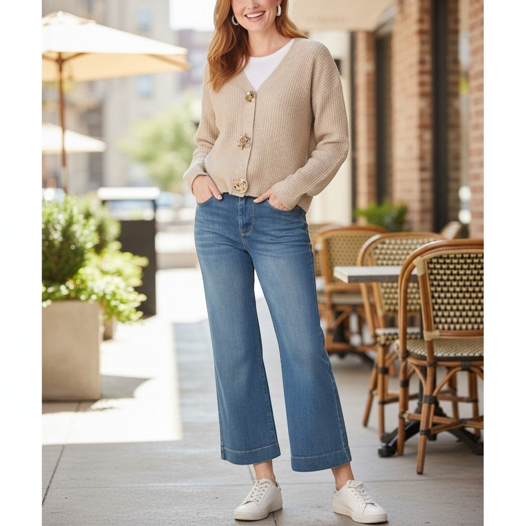 Wild Flower - Ladies - Gold Motif Buton Cardigan - Mocha - Wildvine Clothing, Spalding, Lincolnshire