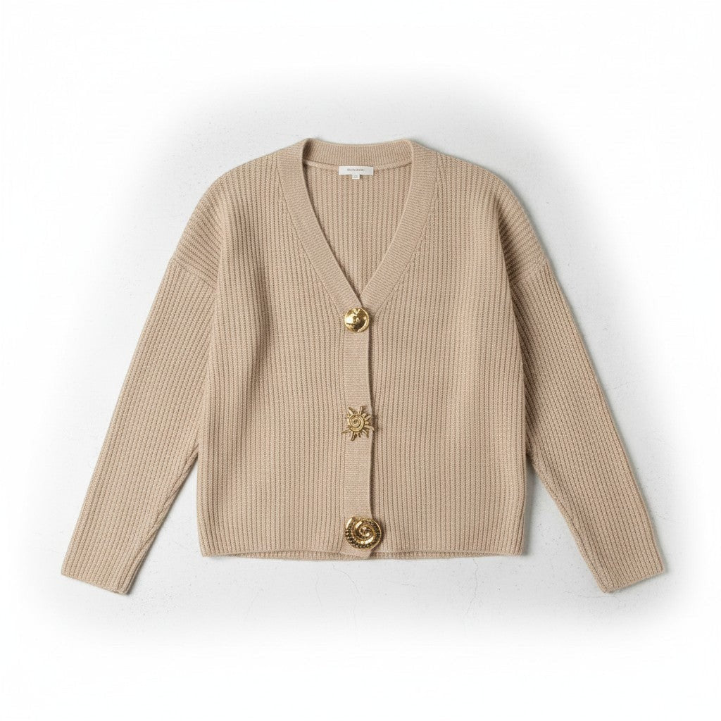 Wild Flower - Ladies - Gold Motif Buton Cardigan - Mocha - Wildvine Clothing, Spalding, Lincolnshire