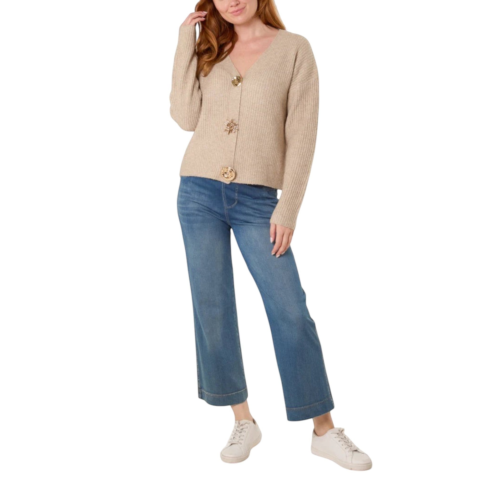 Wild Flower - Ladies - Gold Motif Buton Cardigan - Mocha - Wildvine Clothing, Spalding, Lincolnshire