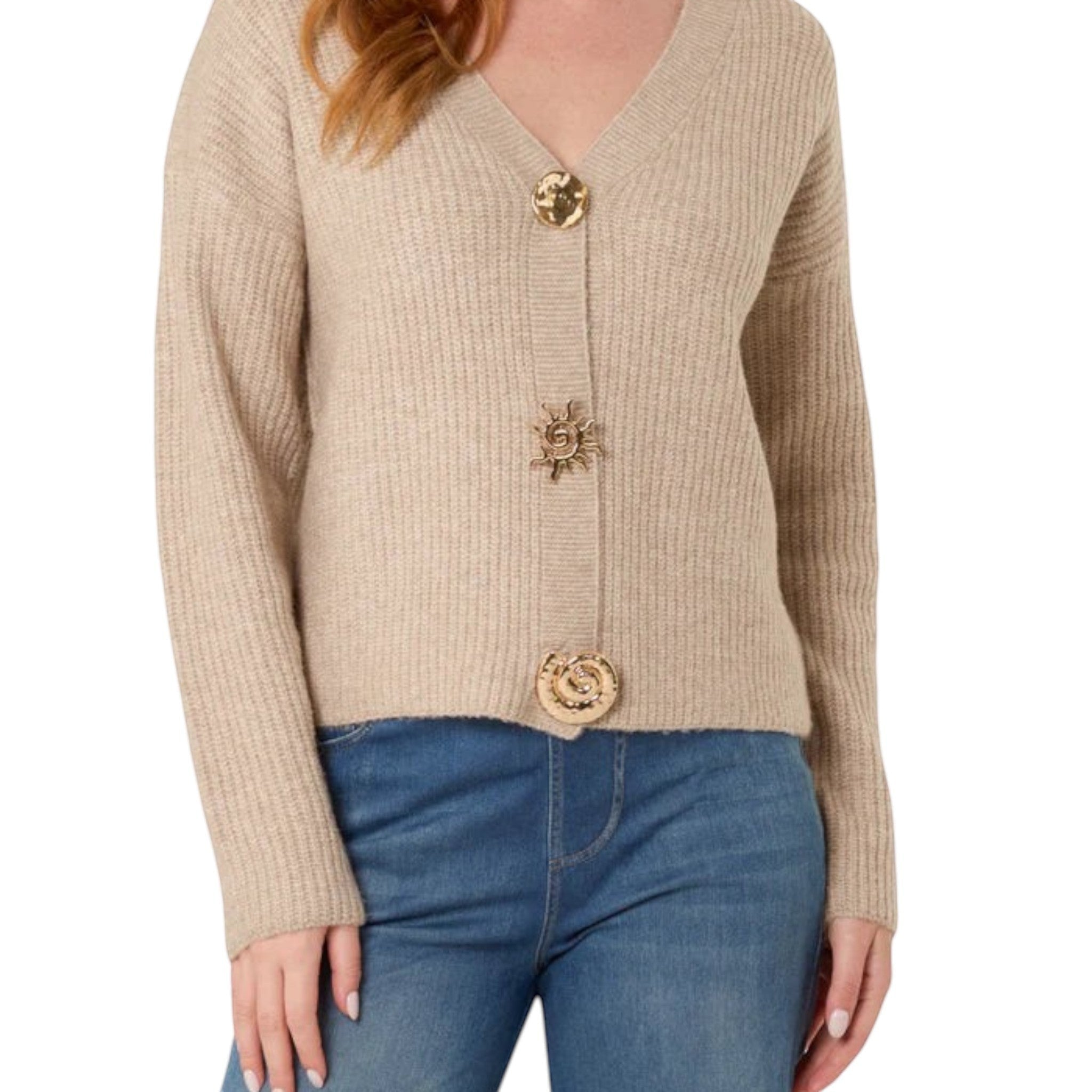 Wild Flower - Ladies - Gold Motif Buton Cardigan - Mocha - Wildvine Clothing, Spalding, Lincolnshire