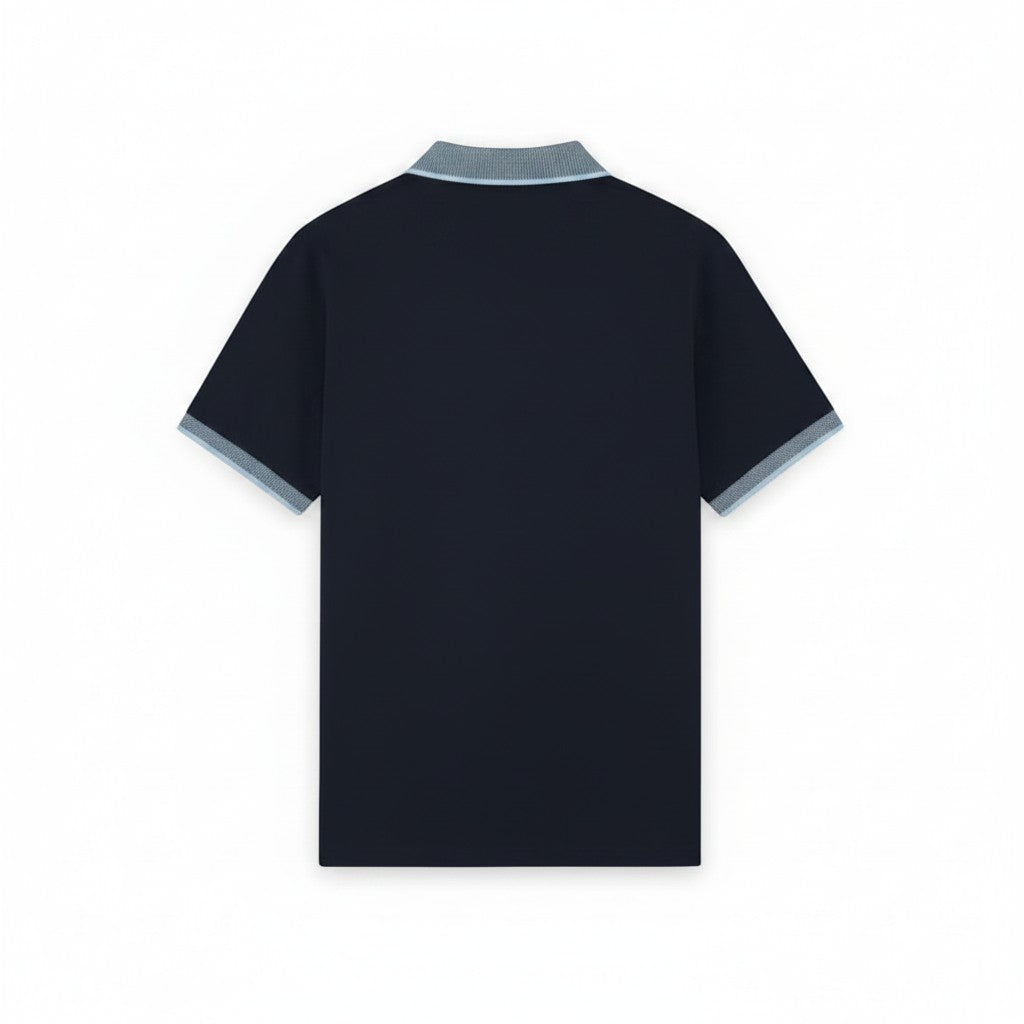 WILDVINE Clothing Co. Lyle & Scott dark navy polo shirt with light blue birdseye collar and sleeve trim back view