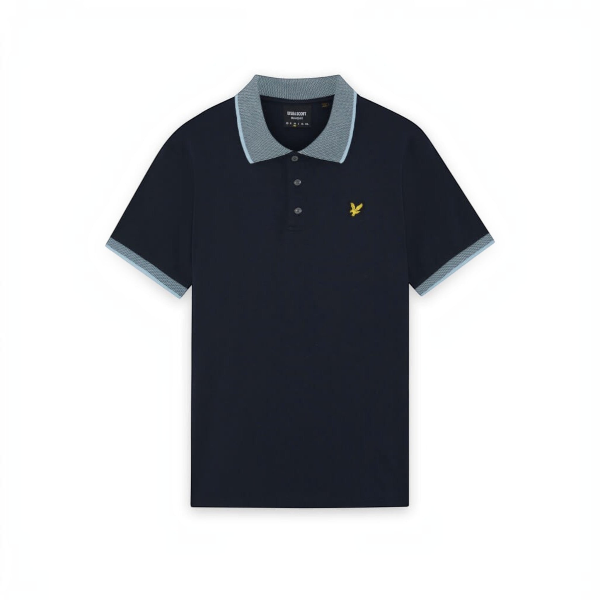 WILDVINE Clothing Co. Lyle & Scott dark navy polo shirt with light blue birdseye textured collar and sleeve cuffs.