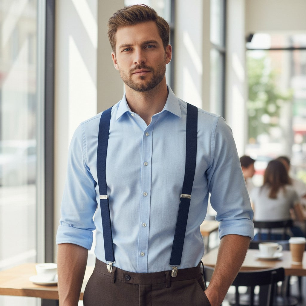 Hunt & Holditch - Mens - Plain Navy Braces-Feathered Silver Clip - One Size - Wildvine Clothing, Spalding, Lincolnshire