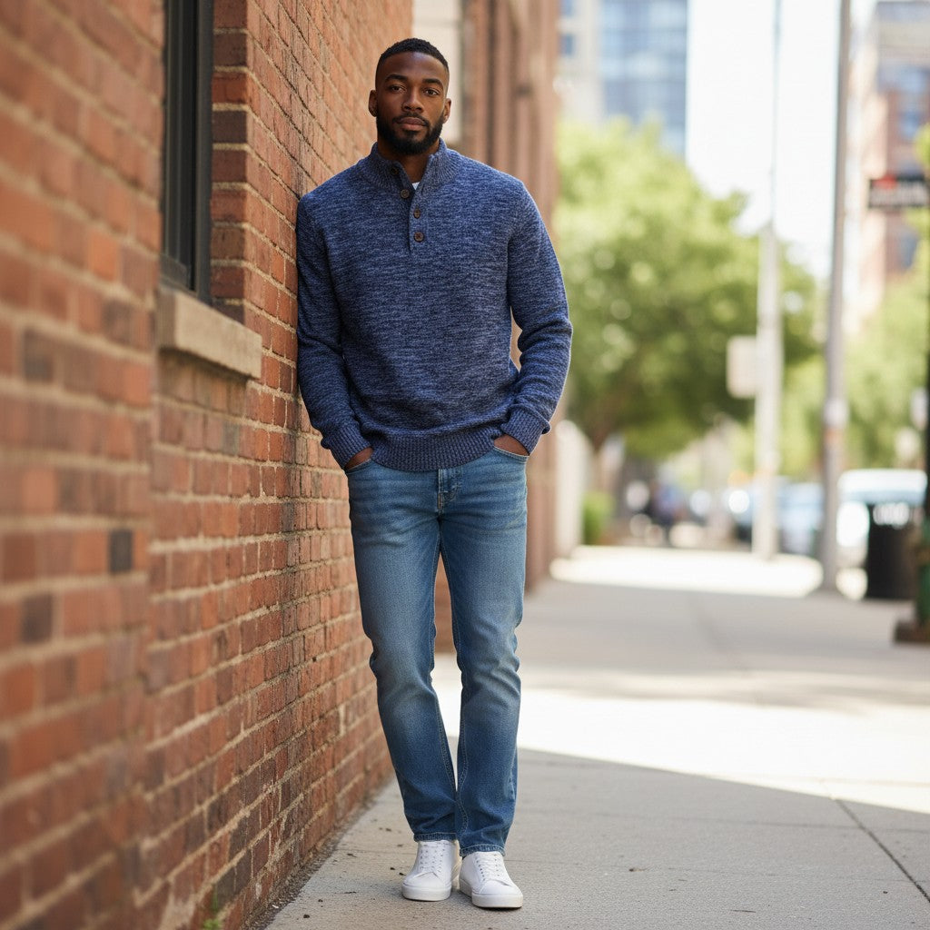 Fynch-Hatton - Mens Knitwear - Buttoned Troyer, Twisted Mouline - Navy 690 - Wildvine Clothing, Spalding, Lincolnshire