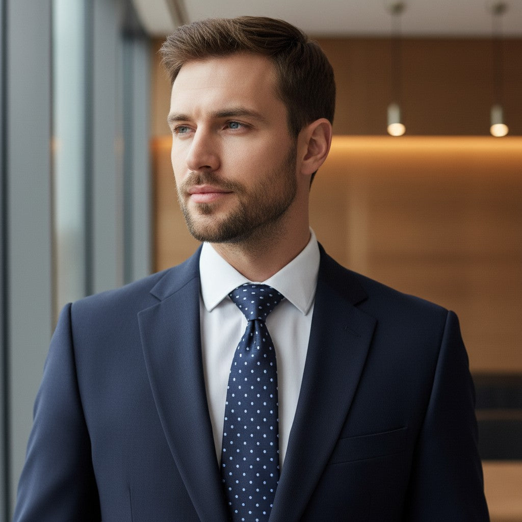 Van Buck - Mens - Navy Blue Silk Tie With Sky Blue Polka Dots - Wildvine Clothing, Spalding, Lincolnshire