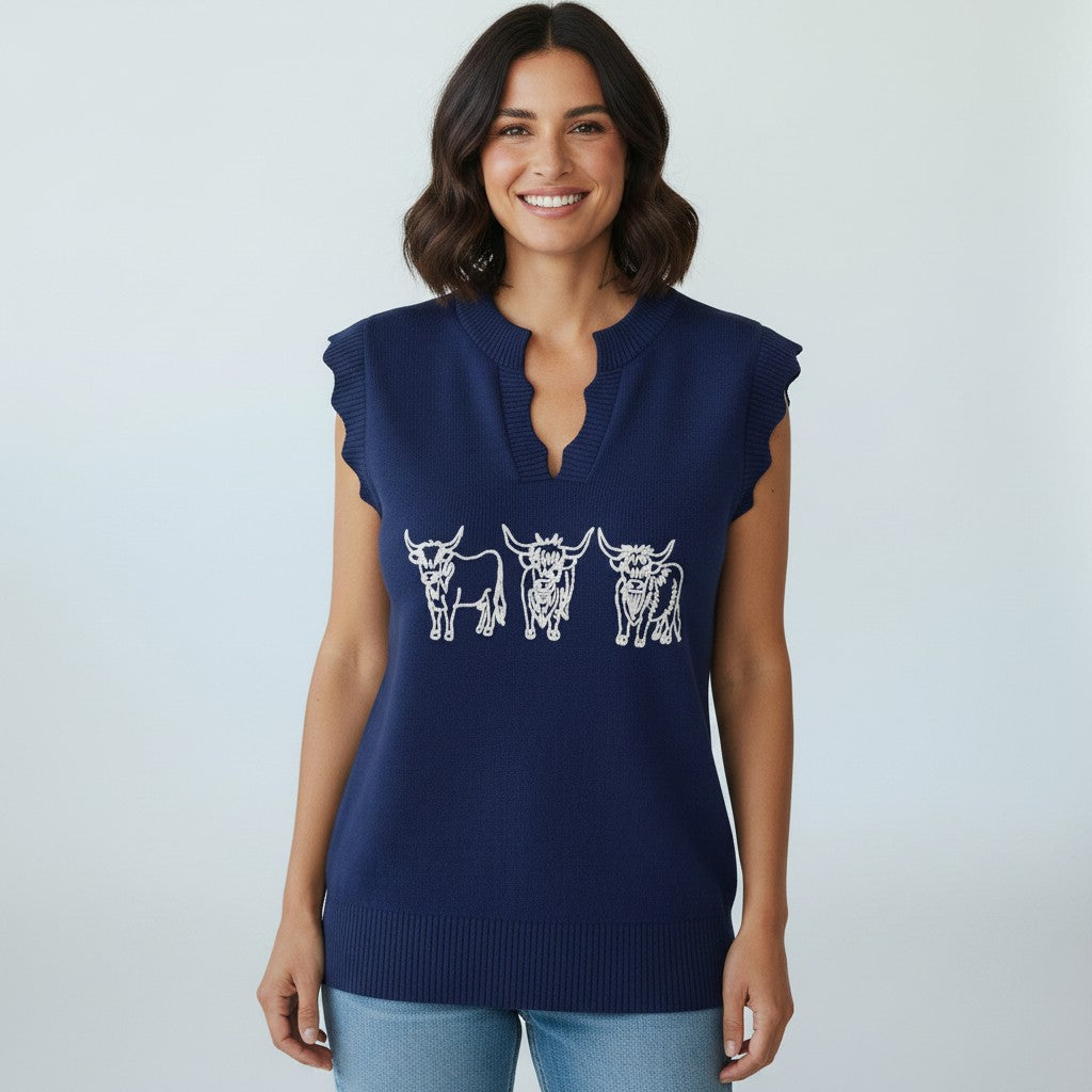 Alice Collins - Highland Cattle Slipover - Rich Navy - 037A140 - Wildvine Clothing, Spalding, Lincolnshire