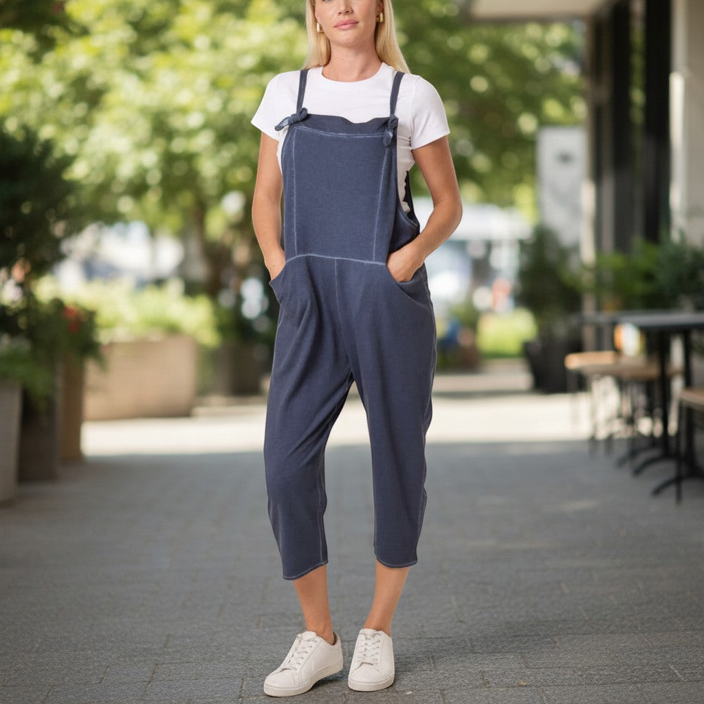 Moda - Ladies - Bow Detail Stone Wash Cotton Dungaree - Denim - Wildvine Clothing, Spalding, Lincolnshire