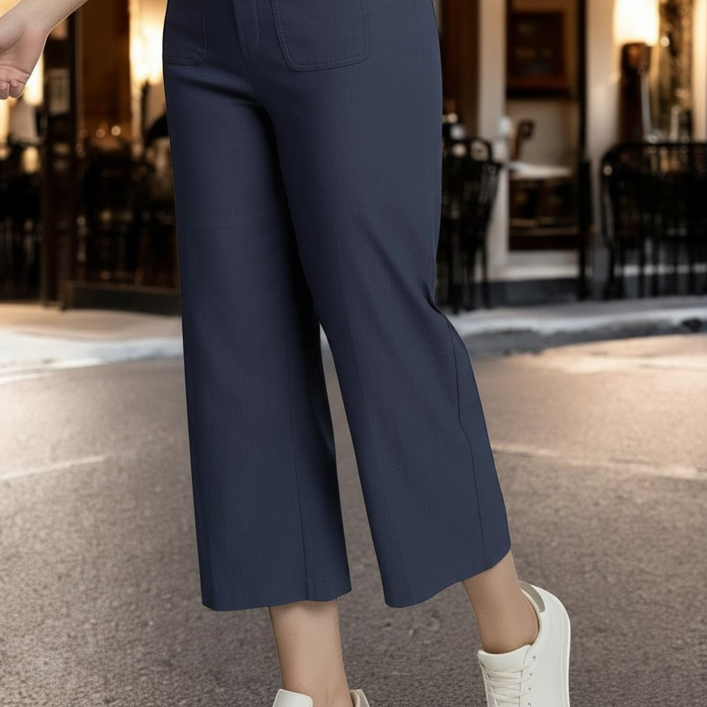 Pinnns - Ladies - Stylish Wide Leg Culotte Trousers With Button Feature - Navy 638C - Wildvine Clothing, Spalding, Lincolnshire