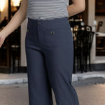 Pinnns - Ladies - Stylish Wide Leg Culotte Trousers With Button Feature - Navy 638C - Wildvine Clothing, Spalding, Lincolnshire
