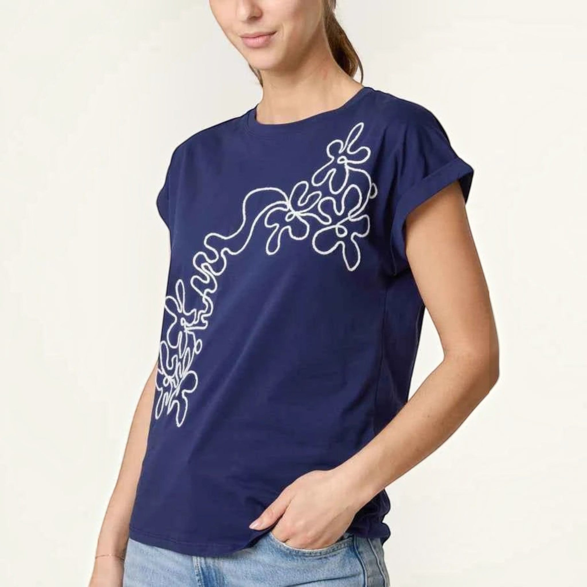 Wild Flower - Ladies - Swirl Flowers Embroidery T-Shirt - Navy - Wildvine Clothing, Spalding, Lincolnshire