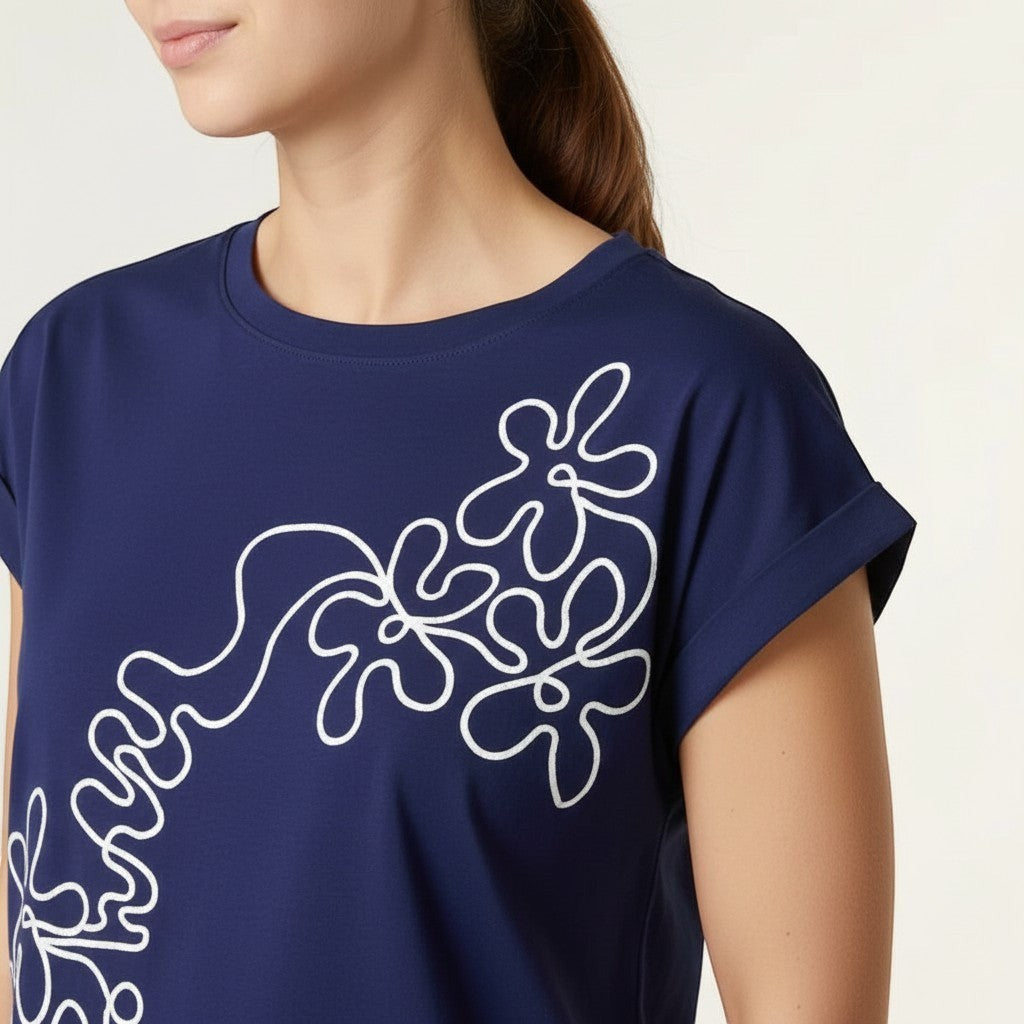 Wild Flower - Ladies - Swirl Flowers Embroidery T-Shirt - Navy - Wildvine Clothing, Spalding, Lincolnshire