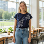 Wild Flower - Ladies - Swirl Flowers Embroidery T-Shirt - Navy - Wildvine Clothing, Spalding, Lincolnshire