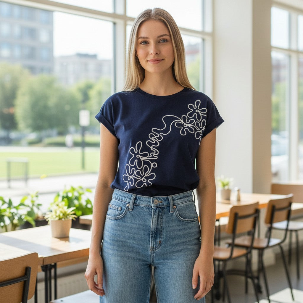 Wild Flower - Ladies - Swirl Flowers Embroidery T-Shirt - Navy - Wildvine Clothing, Spalding, Lincolnshire