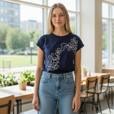 Wild Flower - Ladies - Swirl Flowers Embroidery T-Shirt - Navy - Wildvine Clothing, Spalding, Lincolnshire