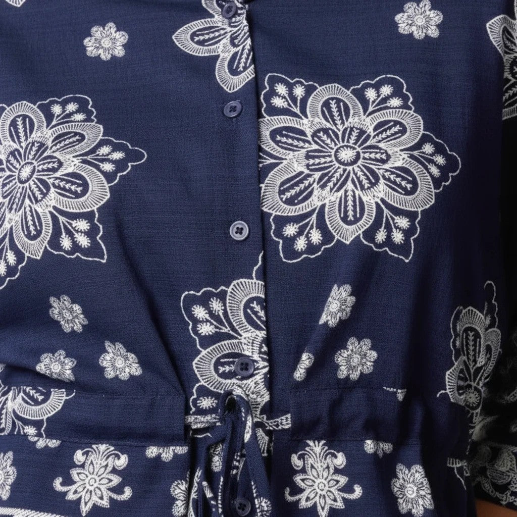 Wild Flower - Ladies - Border Flower Print Cinch Tie Shirt - Navy/Ivory - Wildvine Clothing, Spalding, Lincolnshire