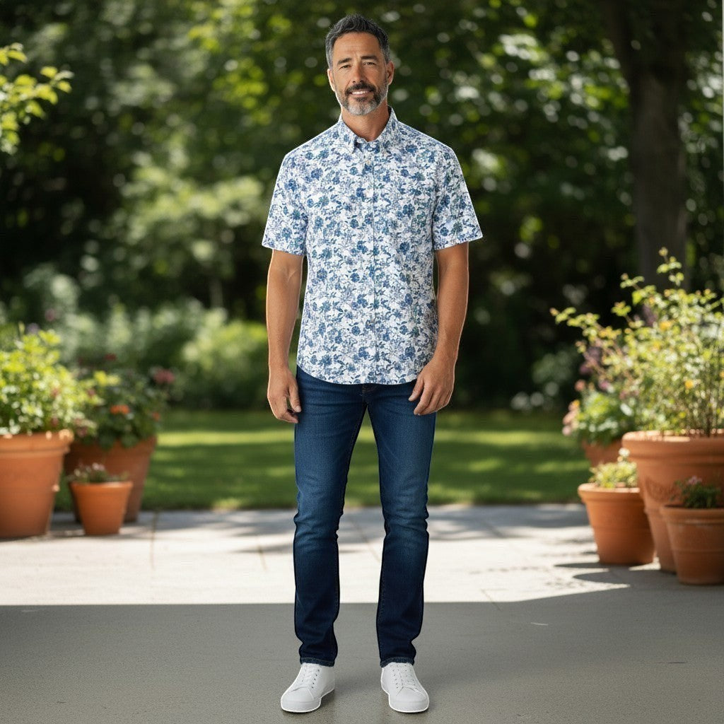 Fynch-Hatton Men's Regular Short Sleeve Casual Shirt - Premium Floral Print – Navy - Wildvine Clothing, Spalding, Lincolnshire
