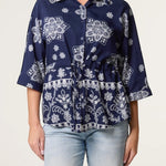 Wild Flower - Ladies - Border Flower Print Cinch Tie Shirt - Navy/Ivory - Wildvine Clothing, Spalding, Lincolnshire