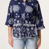 Wild Flower - Ladies - Border Flower Print Cinch Tie Shirt - Navy/Ivory - Wildvine Clothing, Spalding, Lincolnshire