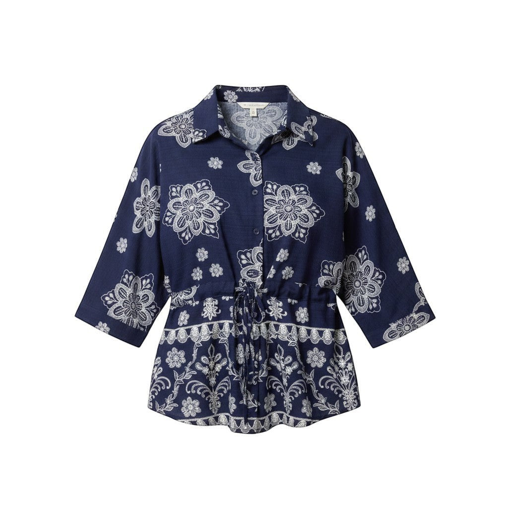 Wild Flower - Ladies - Border Flower Print Cinch Tie Shirt - Navy/Ivory - Wildvine Clothing, Spalding, Lincolnshire