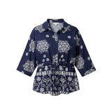 Wild Flower - Ladies - Border Flower Print Cinch Tie Shirt - Navy/Ivory - Wildvine Clothing, Spalding, Lincolnshire