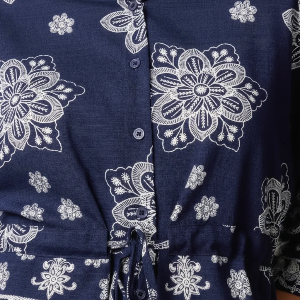 Wild Flower - Ladies - Border Flower Print Cinch Tie Shirt - Navy/Ivory - Wildvine Clothing, Spalding, Lincolnshire