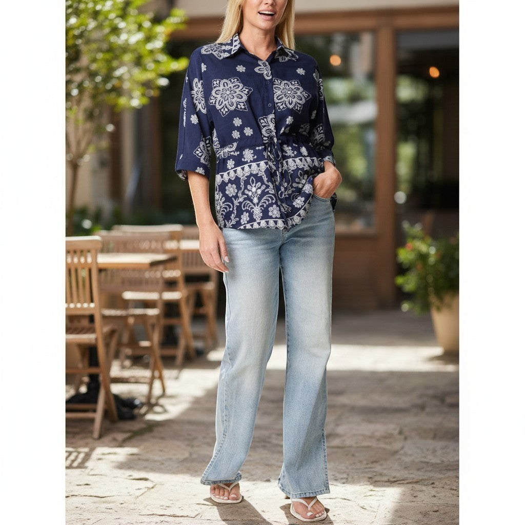 Wild Flower - Ladies - Border Flower Print Cinch Tie Shirt - Navy/Ivory - Wildvine Clothing, Spalding, Lincolnshire