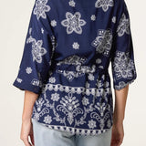 Wild Flower - Ladies - Border Flower Print Cinch Tie Shirt - Navy/Ivory - Wildvine Clothing, Spalding, Lincolnshire