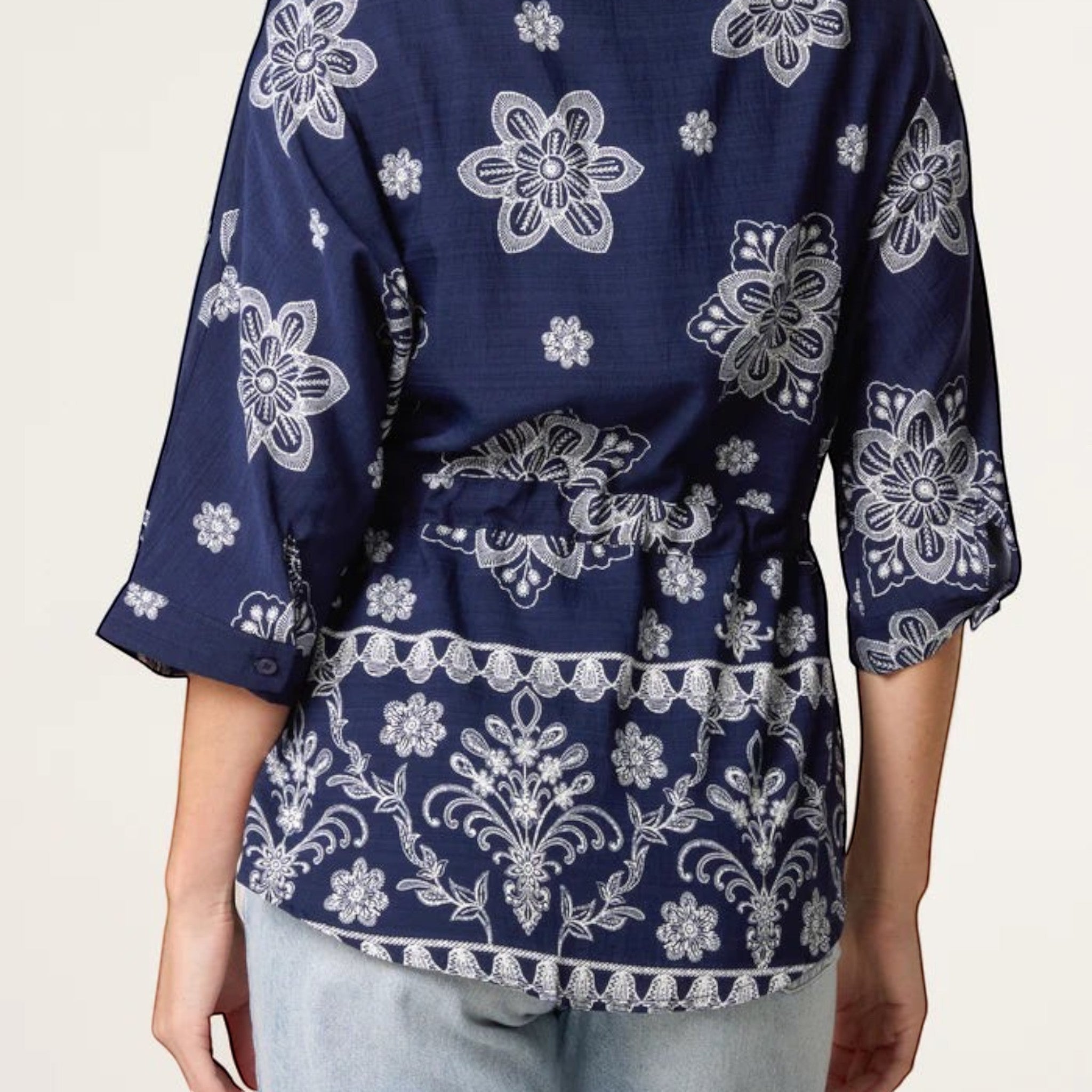 Wild Flower - Ladies - Border Flower Print Cinch Tie Shirt - Navy/Ivory - Wildvine Clothing, Spalding, Lincolnshire