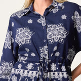 Wild Flower - Ladies - Border Flower Print Cinch Tie Shirt - Navy/Ivory - Wildvine Clothing, Spalding, Lincolnshire